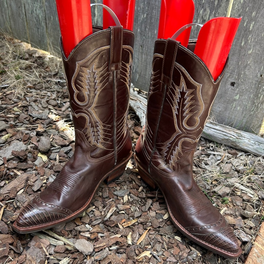 Laredo Brown Leather Western Cowgirl Boots Lizard Embossed Wingtip Pointed Toe - Picture 6 of 10